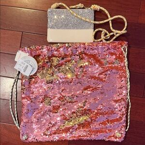 Sequin Drawstring Bag and Silver Clutch Set
